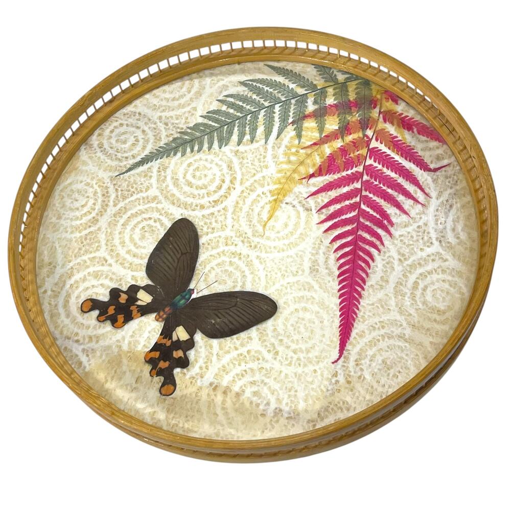 Vintage Bamboo Tray Butterfly Wing Fern Specimen Lace 11.25 Round
